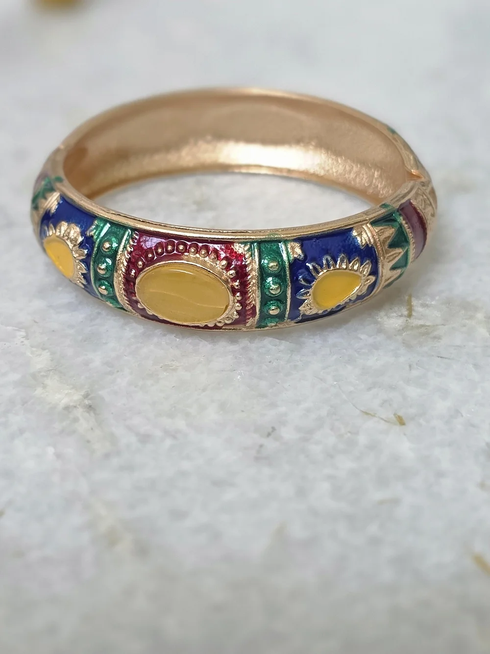 Jiu Long Xing Vintage Multicolor Enamel Cloisonne Hinged Bangle Bracelet Gold Bo